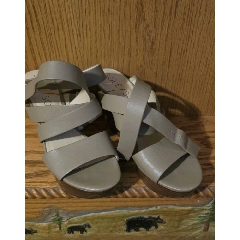 Sole Society Beige Leather Strappy Wedge Platform Adjustable Sandals Womens  6.5